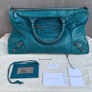 Balenciaga Work Lagon Teal Turquoise Leather Bag Rose Gold Giant Hardware